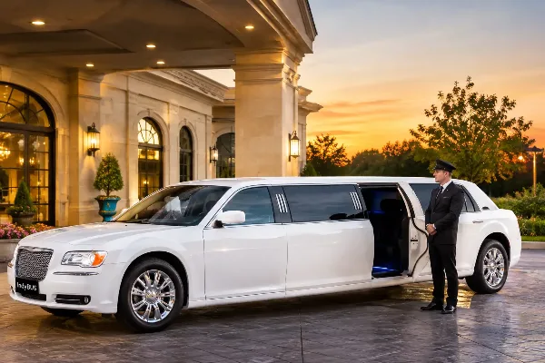A white stretch limousine parked at a venue entrance with a uniformed chauffeur standing by the open door.