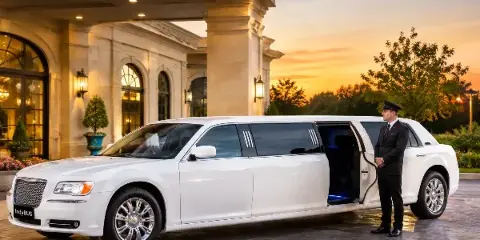 A white stretch limousine parked at a venue entrance with a uniformed chauffeur standing by the open door.