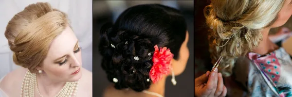 A collage of three photographs showing different bridal hair updos and makeup styles.