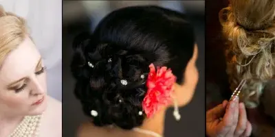 A collage of three photographs showing different bridal hair updos and makeup styles.