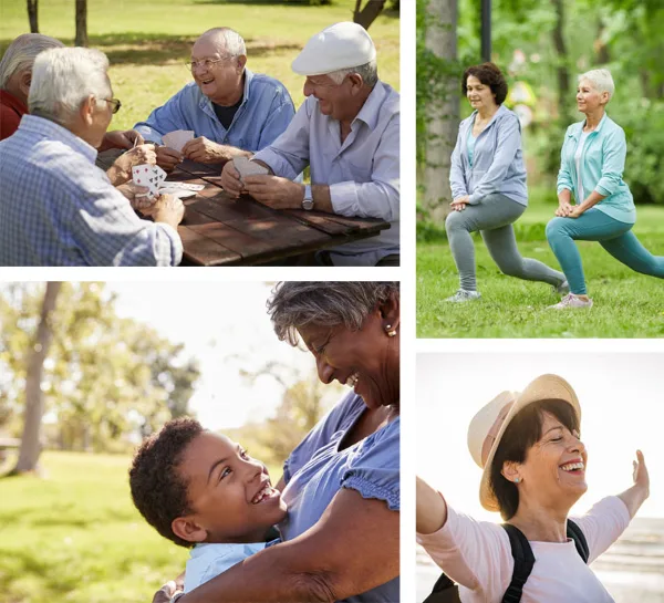 A collage of four photos showing senior citizens playing cards, exercising outdoors, interacting with a child, and enjoying nature.