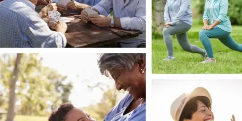 A collage of four photos showing senior citizens playing cards, exercising outdoors, interacting with a child, and enjoying nature.