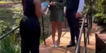 A wedding officiant performing a ceremony for a couple on a wooden bridge in a wooded area.