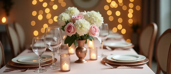 A beautifully arranged event table featuring a centerpiece of pink roses and white dahlias, gold-rimmed plates, glassware, and candles, set against a background of warm string lights.