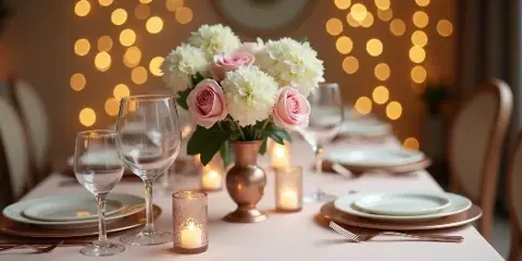A beautifully arranged event table featuring a centerpiece of pink roses and white dahlias, gold-rimmed plates, glassware, and candles, set against a background of warm string lights.