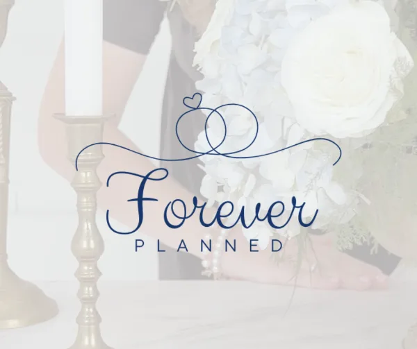 A bride holding a white floral bouquet next to a candlestick, with the Forever Planned logo overlaid.