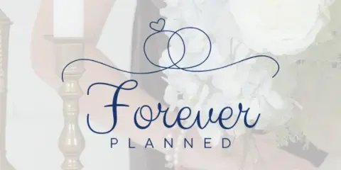 A bride holding a white floral bouquet next to a candlestick, with the Forever Planned logo overlaid.