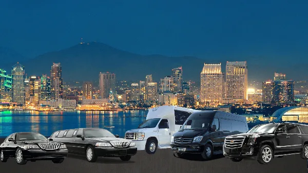 A lineup of luxury limousines and vans parked in front of the San Diego skyline at night.