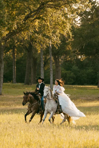 A bride and groom riding horses in a grassy field with trees in the background.
