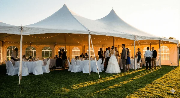 A white wedding tent set up on a lawn with a bride and groom and guests inside.