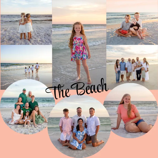 A collage of multiple photographs showing families and individuals posing on a sandy beach at sunset.