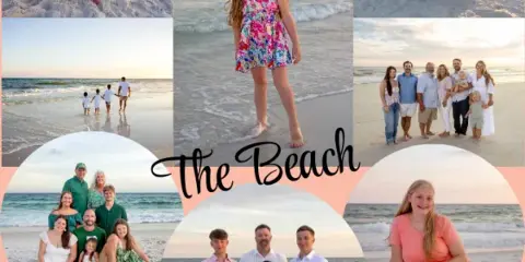 A collage of multiple photographs showing families and individuals posing on a sandy beach at sunset.