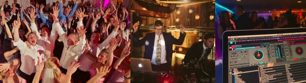 A collage showing a wedding DJ performing, a crowd dancing at a reception, and a close-up of DJ mixing software on a laptop.