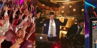 A collage showing a wedding DJ performing, a crowd dancing at a reception, and a close-up of DJ mixing software on a laptop.