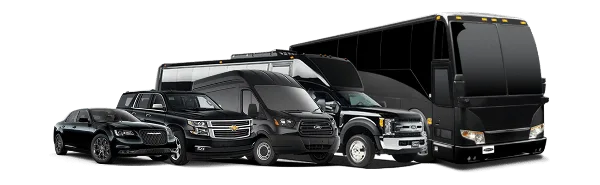 A lineup of black luxury vehicles including a sedan, SUV, passenger van, and motorcoach.