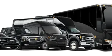 A lineup of black luxury vehicles including a sedan, SUV, passenger van, and motorcoach.