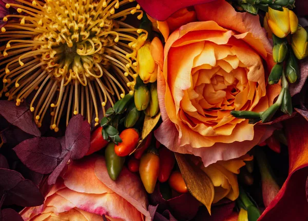 Close-up of a floral arrangement with orange roses, yellow protea, and dark foliage.