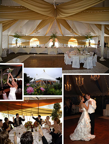 A collage of wedding photographs showing a large draped tent interior, a bride and groom dancing, and guests at a reception.