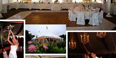 A collage of wedding photographs showing a large draped tent interior, a bride and groom dancing, and guests at a reception.