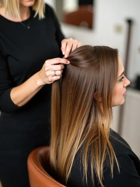 A hair stylist in a black top styling a client's long brown hair in a salon chair.