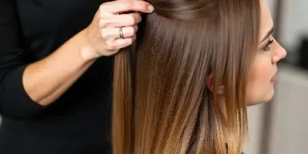 A hair stylist in a black top styling a client's long brown hair in a salon chair.