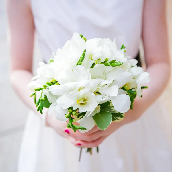 A bride holding a round bouquet of white flowers and greenery