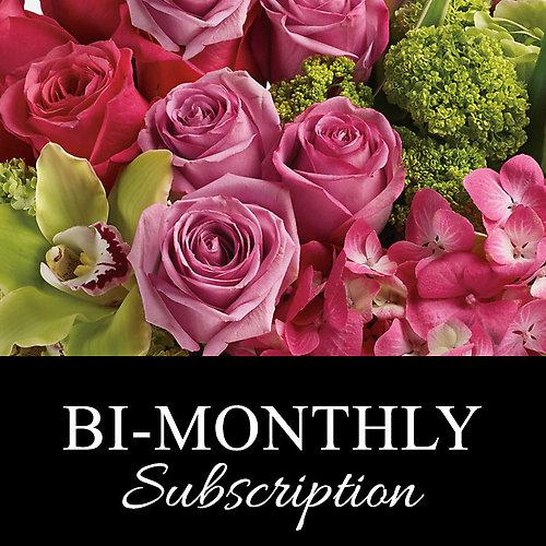 A close-up photograph of a floral arrangement featuring pink roses, orchids, and greenery, with a text banner reading 'Bi-Monthly Subscription'.