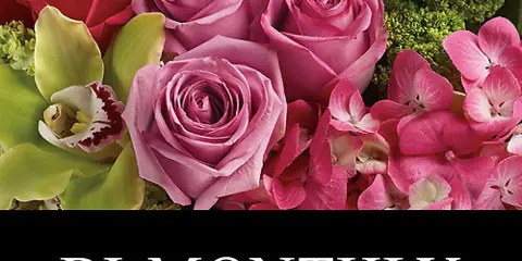 A close-up photograph of a floral arrangement featuring pink roses, orchids, and greenery, with a text banner reading 'Bi-Monthly Subscription'.