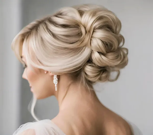 Close-up of a sophisticated blonde bridal updo hairstyle.