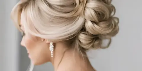 Close-up of a sophisticated blonde bridal updo hairstyle.