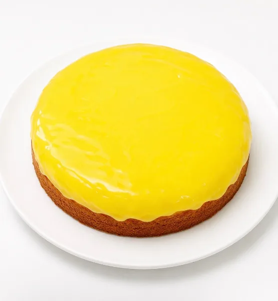 A round cake with a smooth yellow glaze on a white plate