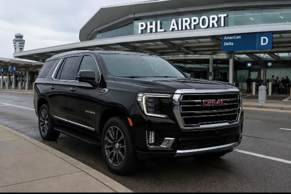 A black GMC Yukon luxury SUV parked at the curb of PHL Airport.