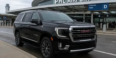 A black GMC Yukon luxury SUV parked at the curb of PHL Airport.