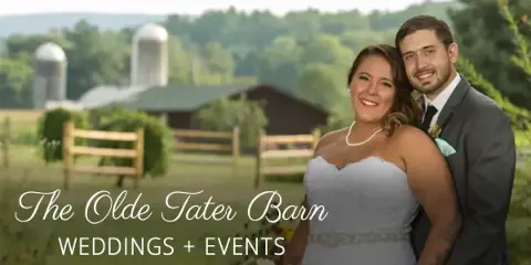 A bride and groom standing in front of a barn and farm landscape with the text 'The Olde Tater Barn Weddings + Events'.
