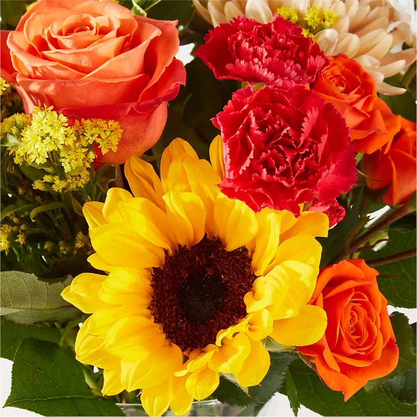 A close-up of a floral arrangement featuring orange roses, red carnations, and a yellow sunflower.