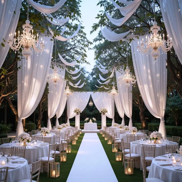 Outdoor wedding reception setup with white draping, hanging chandeliers, round tables with white linens, Chiavari chairs, and floral centerpieces.