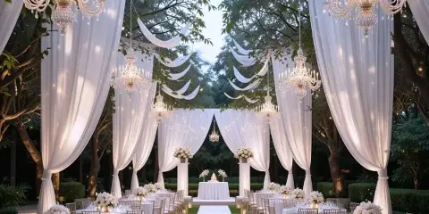 Outdoor wedding reception setup with white draping, hanging chandeliers, round tables with white linens, Chiavari chairs, and floral centerpieces.