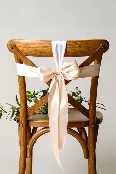 A wooden cross-back chair decorated with a white and pink sash and greenery.