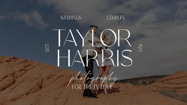 A wedding couple dancing joyfully on a rocky outcrop under a blue sky, with the text 'Taylor Harris Photography' overlaid.