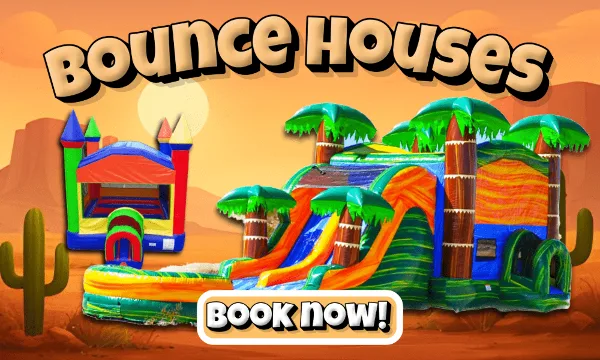 Inflatable bounce houses and water slides set against a desert background with 'Bounce Houses' and 'Book Now' text overlays.