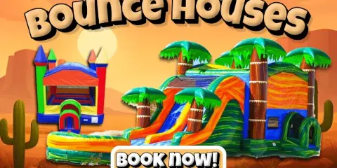 Inflatable bounce houses and water slides set against a desert background with 'Bounce Houses' and 'Book Now' text overlays.