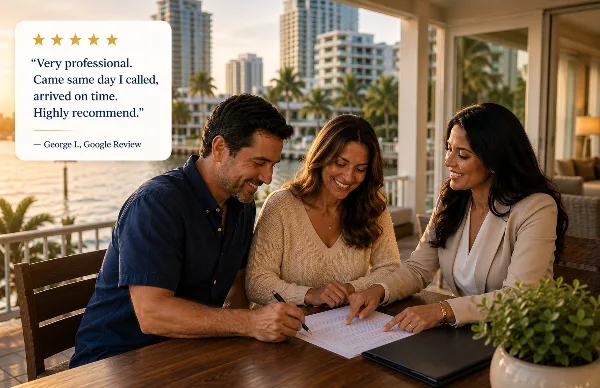 A professional notary assisting a couple with signing documents at a waterfront table.