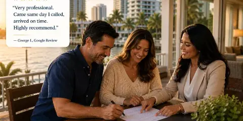 A professional notary assisting a couple with signing documents at a waterfront table.