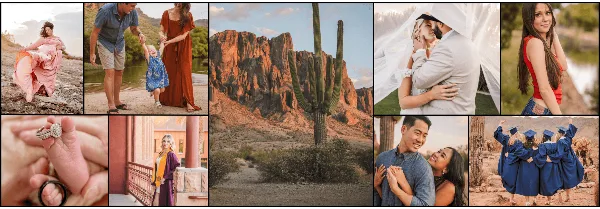 A collage of professional photography samples featuring maternity, family, wedding, and senior portraits in various outdoor settings.