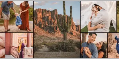 A collage of professional photography samples featuring maternity, family, wedding, and senior portraits in various outdoor settings.