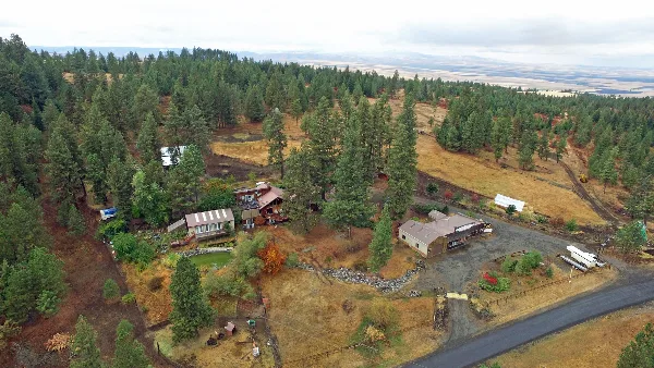 Aerial view of the Whitebird Summit Lodge property featuring the main lodge buildings, outbuildings, and surrounding pine forest.