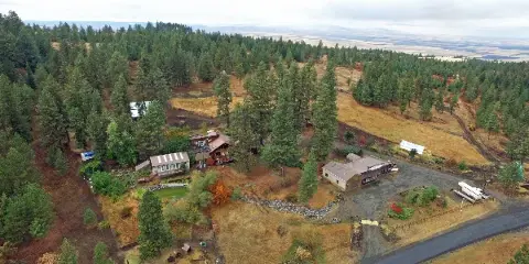 Aerial view of the Whitebird Summit Lodge property featuring the main lodge buildings, outbuildings, and surrounding pine forest.