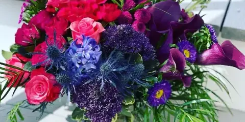 A vibrant floral arrangement in a glass vase featuring pink roses, purple calla lilies, and blue thistles.