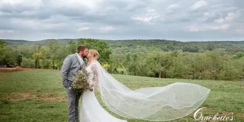 A bride and groom kissing in a grassy field with a long veil blowing in the wind, set against a backdrop of rolling hills and trees.