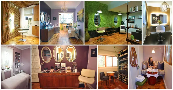 Interior collage of a beauty salon featuring styling chairs, makeup stations, and treatment rooms.